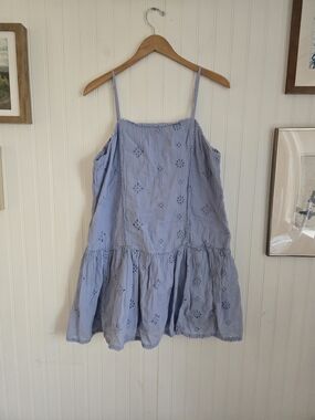 aerie Light Blue Periwinkle Eyelet Mini Sundress with Pom Trim